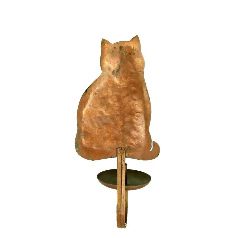 Vintage Roycroft Era Hammered Copper Wall Sconce Candle Holder Cat Silhouette